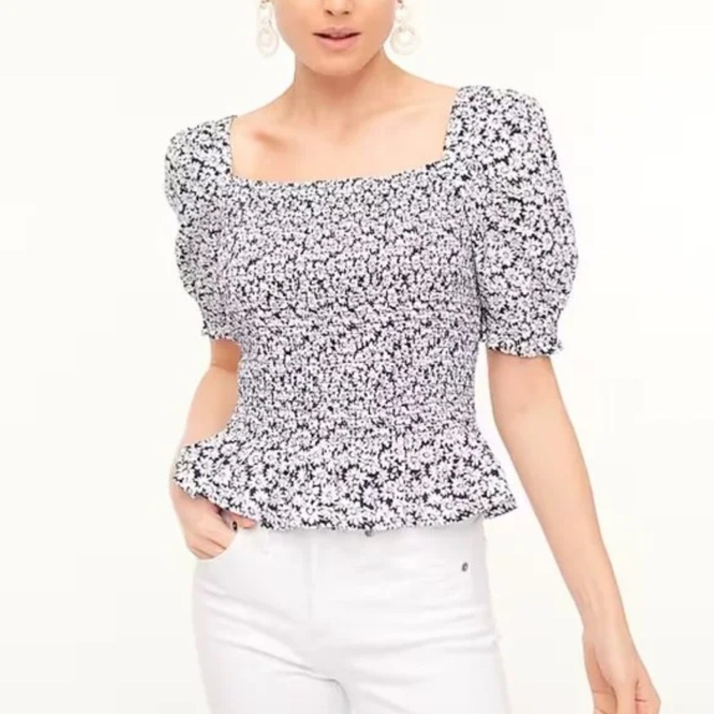 Floral Smocked Puff Sleeve Top - Blue and White